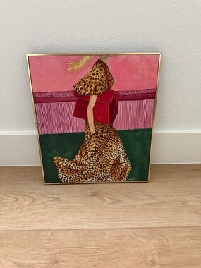 Leopard Print Woman with Red Bag Wall Art - Pink & Green